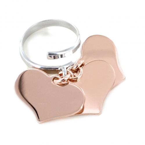 anello con 3 ciondoli cuore pendente in argento rosa