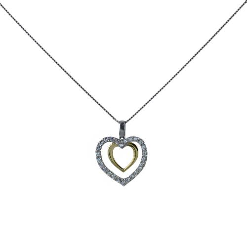 collana ciondolo cuore in oro giallo e argento con zirconi