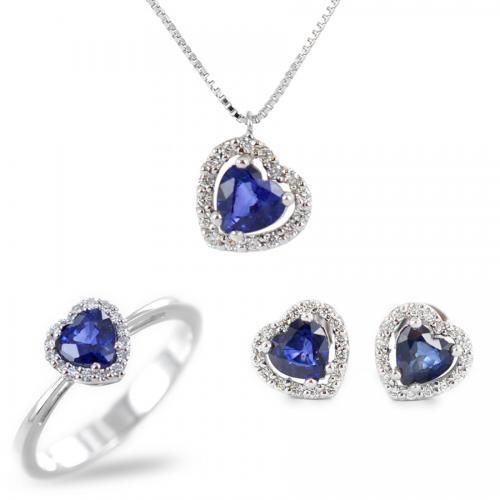 parure gioielli cuore con zaffiro blu e diamanti