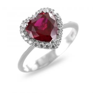 Anello Cuore in oro bianco e zirconi bianchi e colore rubino collezione Miami - gallery