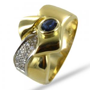 Anello classico a fascia in oro giallo con Zaffiro e Diamanti - gallery