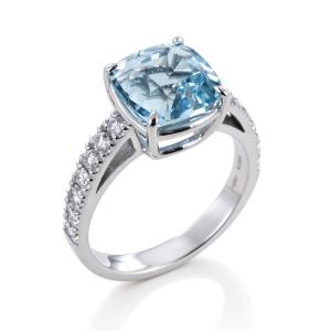 Anello con Acquamarina Cushion e Diamanti sul gambo - gallery