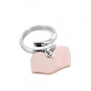 Anello con doppio ciondolo cuore pendente rosa in argento - gallery