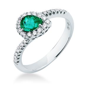 Anello con Smeraldo a goccia e contorno di diamanti sul gambo