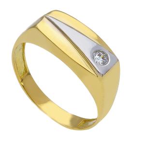 Anello da uomo rettangolare in oro giallo e bianco con zircone - gallery