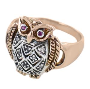 Anello Gufo Vintage stile Antico con Diamanti oro rosa e bianco