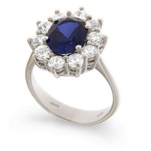 Anello in argento e zirconi modello rosetta zircone centrale Blu - gallery