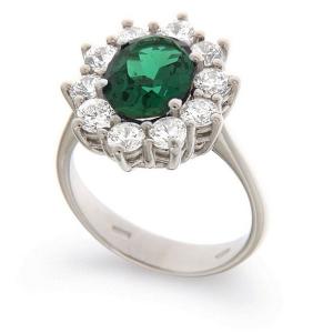 Anello in argento e zirconi modello rosetta zircone centrale Verde