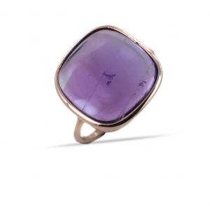 Anello in oro rosa con pietra quadrata quarzo viola  - gallery