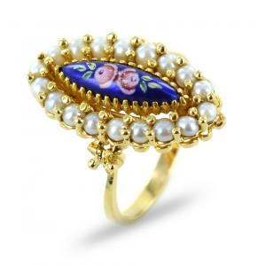 Anello in oro e smalto con perle stile antico anni 70 - gallery