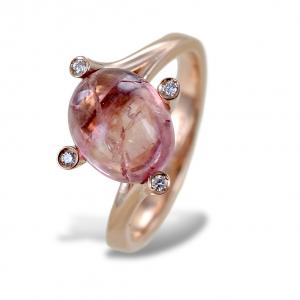 Anello particolare con tormalina cabochon sferica rosa e diamanti naturali - gallery