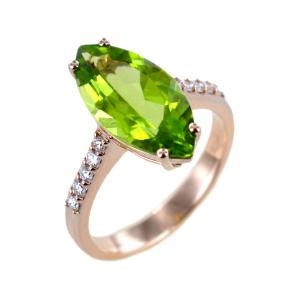 Anello Peridoto Marquise e Diamanti sul gambo oro rosa 