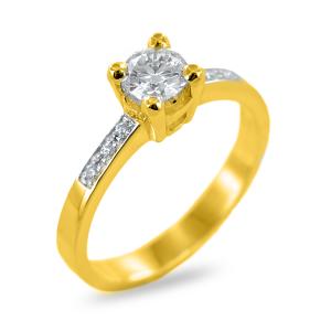 Anello solitario in or giallo con pave di diamanti sul gambo - gallery