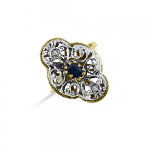 Anello Vintage in oro giallo con Zaffiro e Diamanti - gallery