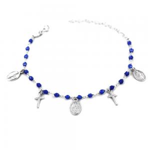 Bracciale con pendenti religiosi Croce e Madonna Miracolosa grani blu