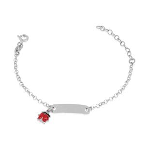 Bracciale da bambina in argento con targhetta e ciondolo coccinella