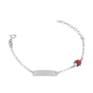 Bracciale da bambina in argento con targhetta e coccinella