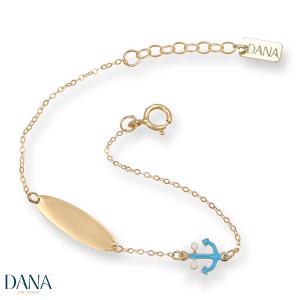 Bracciale da Bambino con ancora smaltata  e targhetta in oro 9 kt
