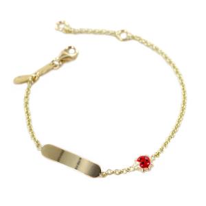 Bracciale da bambino con targhetta in oro giallo e smalti Coccinella