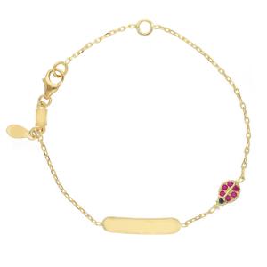 Bracciale da bambino con targhetta in oro giallo e zirconi Coccinella