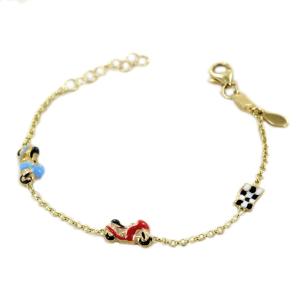 Bracciale da bambino in oro giallo e smalti - Moto rossa e moto azzurra