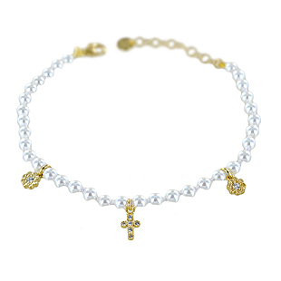 Bracciale filo di perle con Croce e fiori in argento dorato e zirconi bianchi