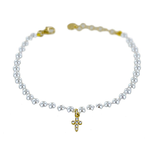 Bracciale filo di perle con Croce in argento dorato e zirconi bianchi - gallery