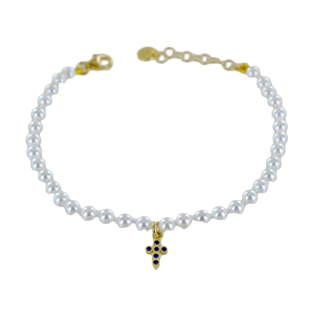 Bracciale filo di perle con Croce in argento dorato e zirconi blu