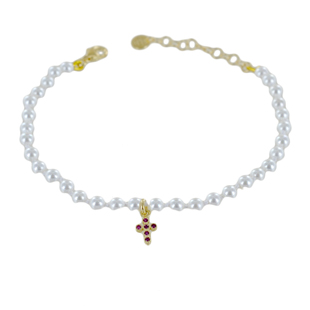 Bracciale filo di perle con Croce in argento dorato e zirconi rossi