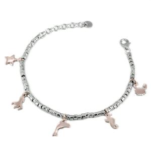 Bracciale in argento con dadini e charms tema marino rosa