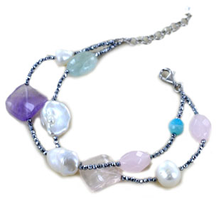 Bracciale in argento con perle acquamarina e ametista