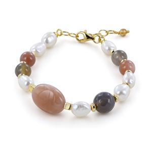 Bracciale in Argento con perle di acqua dolce, pietra di luna, agata grigia e ematite gialla - gallery