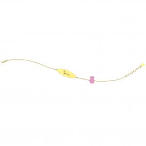 Bracciale Nanan da bambina in oro 9kt con targhetta personalizzabile e orsetto rosa NGLD0005