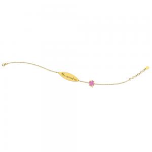 Bracciale Nanan da bambina in oro 9kt con targhetta personalizzabile e quadrifoglio rosa NGLD0008 - gallery