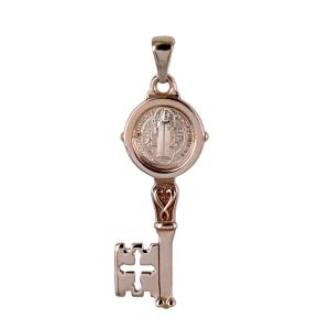 Ciondolo Croce di San Benedetto in oro rosa chiave con medaglia