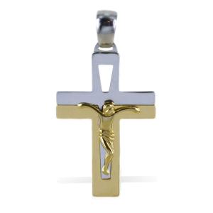 Ciondolo Croce moderna Crocefisso in oro giallo e bianco