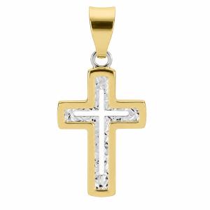 Ciondolo Croce moderna sfaccettata in oro giallo e bianco