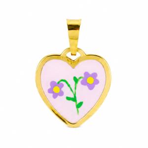 Ciondolo Cuore in Argento giallo con fiori in smalto rosa