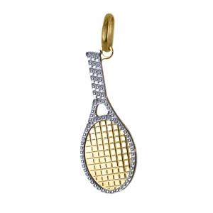 Ciondolo racchetta da tennis in oro giallo e bianco con collana