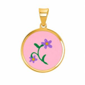 Ciondolo rotondo con fiori in smalto rosa in oro giallo