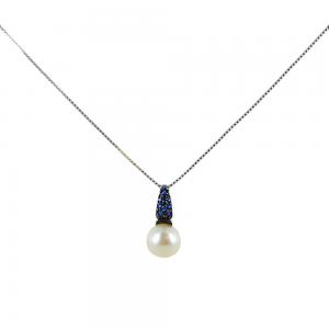 Collana ciondolo Perla Freshwater con zirconi Blu in oro e argento  - gallery