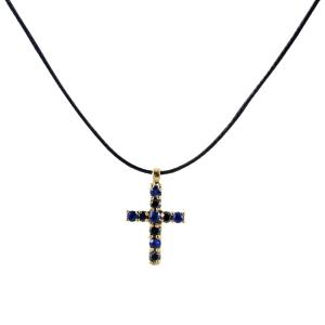 Collana con ciondolo croce in oro con diamanti neri e zaffiri - gallery