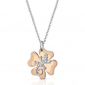 Collana con ciondolo Quadrifoglio in argento rosato e Geco con zirconi GEA112 