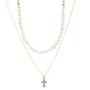 Collana con perle e ciondolo Croce Blu in argento dorato