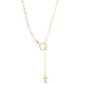 Collana con perle e ciondolo Croce in argento dorato con zirconi