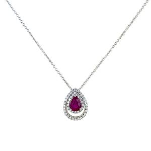 Collana e pendente in oro con Rubino goccia e doppio contorno di diamanti