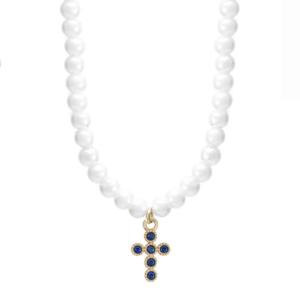 Collana filo di perle con Croce in argento dorato e zirconi blu - gallery