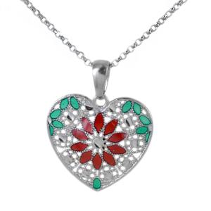 Collana in argento con pendente cuore e smalti verde rosso collezione Notre Dame - gallery