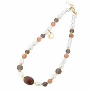 Collana in Argento giallo con perle di acqua dolce, pietra di luna, agata grigia e Ematite gialla
