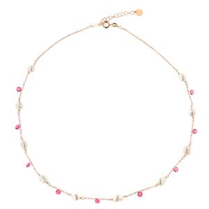 Collana in argento rosato con perle e pietre rosa 